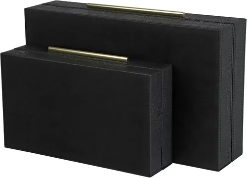 Vista 9 de HofferRuffer Juego de 2 cajas decorativas de piel sintética, organizador de accesorios grande de recuerdos, organizador de joyas con tapa con Negro