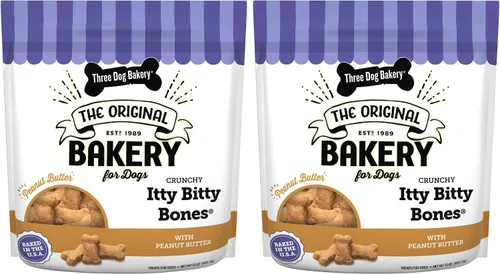 Vista 8 de Three Dog Bakery Crunchy Itty Bitty Bones, sabor a mantequilla de maní, golosinas prémium para perros, caja de 13 onzas