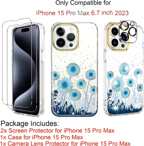 Vista 2 de BAISRKE Funda transparente con diseño para iPhone 15 Pro Max de 6.7 pulgadas, con 2 protectores de pantalla + 1 paquete de protector de lente