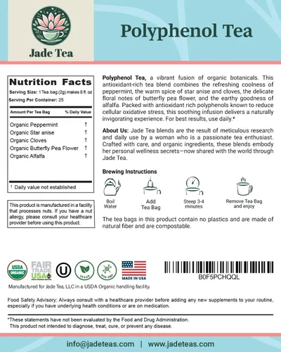 Vista 2 de Jade Tea - Té de polifenol orgánico - Hoja de menta, anís estrellado, clavo y flor de guisante mariposa - Rico en antioxidantes - 25