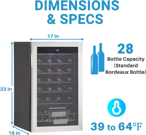 Vista 3 de Refrigerador de vino independiente, compresor de 28 botellas con termostato digital y puerta de vidrio, acero inoxidable