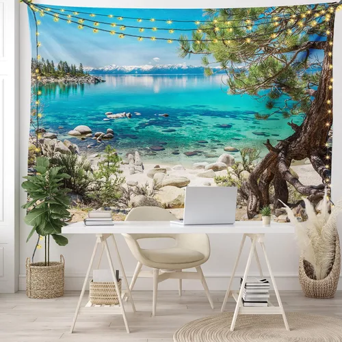 Vista 6 de Ambesonne Tapiz de naturaleza, reflejo de montaña nevada del lago Tahoe, vista de la costa rocosa de agua clara, decoración de tela para colgar