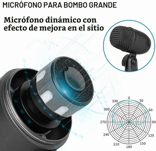 Vista 3 de Depusheng Kit de micrófono dinámico con cable de 5 piezas (completamente metálico) para bombo, tom/redoblante y platillos - Micrófono para tambores