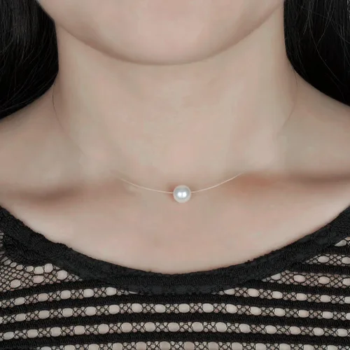 Vista 4 de Infinite U simple plata de ley 925uno simulado Perla Colgante Invisible línea de pesca Gargantilla Collar para mujeresniña