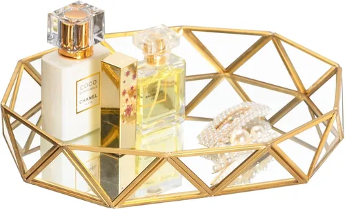 Vista 9 de Feyarl Bandeja Pequeña de Cristal Dorado para Perfumes, Organizador de Baratijas y Joyas, Bandeja Decorativa Ornamentada para Vanidad, Cosméticos