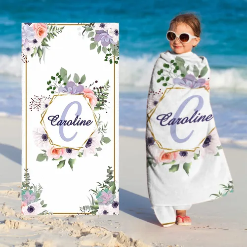 Vista 12 de Toallas de playa personalizadas para bebé niña con nombre para niños y adultos, toalla de baño de algodón con flores de acuarela personalizadas