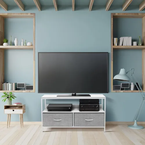 Vista 5 de Cómoda Sorbus con soporte para TV y 2 cajones de imitación de madera - Cofre elevador para televisión con almacenamiento - Mueble para dormitorio