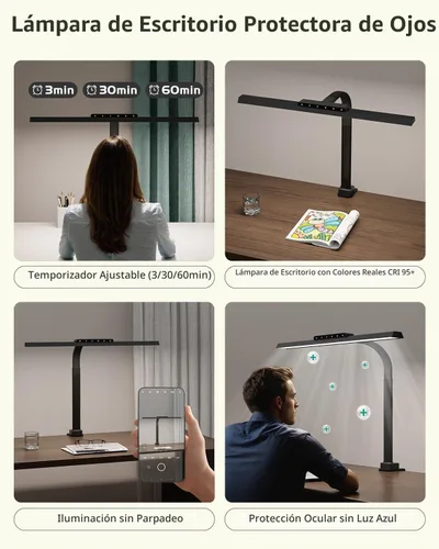Vista 6 de Lámpara de escritorio con abrazadera para oficina en casa, luz Negro