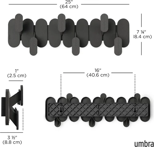 Vista 3 de Umbra Tempo Perchero de Pared – Organizador Moderno de Entrada con 6 Ganchos para Abrigatos y Toallas, ABS Reciclado/Fibra de Madera, Negro, Montaje