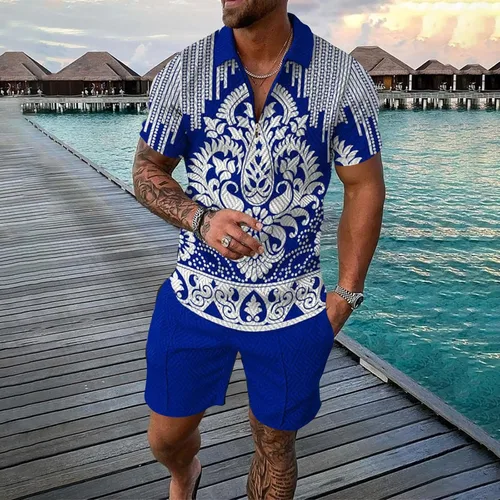 Vista 2 de Conjunto corto de 2 piezas para hombre, conjunto deportivo de verano de manga corta, polo y pantalones cortos, conjunto casual y elegante para correr