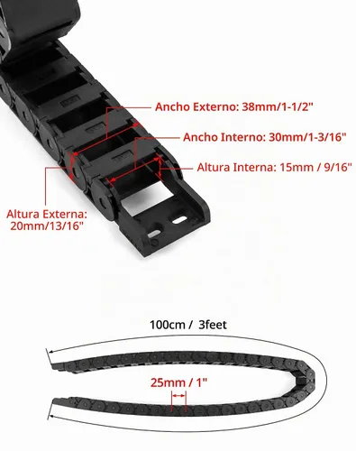 Vista 6 de QWORK R28/38 - Cadena de arrastre de cable de plástico negro semicerrada de 0.591 in x 1.181 in, paquete de 4 unidades de 3.3 ft de longitud