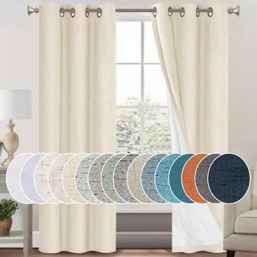 Vista 12 de Cortinas con textura de lino 100% opacas de 64 pulgadas de largo, juego de 2 paneles de cortinas de lino opacas con forro aislante térmico que Arena