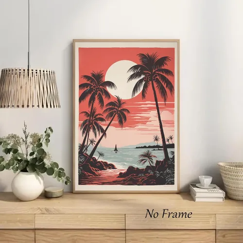 Vista 2 de Arte de pared vintage de paisaje marino retro, póster de playa con imagen de palmera, lienzo de árbol tropical, arte de pared, arte de océano