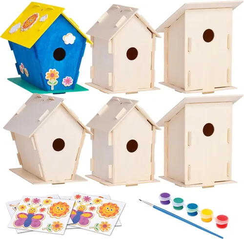 Vista 7 de Neliblu Paquete de 2 kits de casa de pájaros para niños, 6.1 x 5.9 x 3.0 pulgadas, manualidades y decoración de jardín, precortados, fáciles