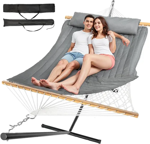 Vista 14 de Everyfun - Hamaca para 2 personas al aire libre con soporte, hamaca de cuerda de algodón con almohadilla de poliéster, estructura de acero