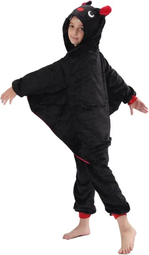 Vista 4 de Disfraz de una pieza de franela con capucha para niños y niñas, disfraz de Halloween de animales negro (Black Bat)