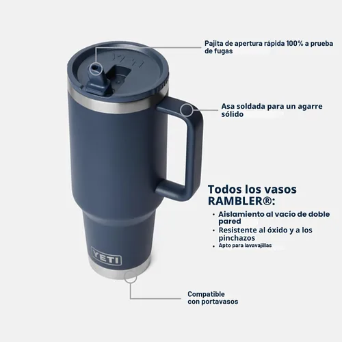Vista 2 de YETI Rambler - Taza de viaje de 40 onzas con tapa abatible y pajilla, acero inoxidable, aislada al vacío, a prueba de fugas, apta para portavasos