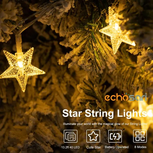 Vista 6 de echosari Cadena de luces con forma de estrella, funciona con pilas, temporizador automático, luces LED de hadas con forma de estrella de 158
