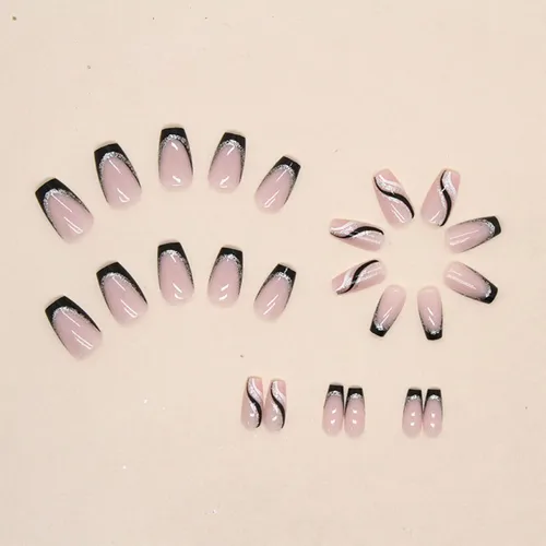 Vista 4 de Uñas postizas a presión con punta francesa negra, uñas postizas cuadradas de longitud media con diseños de línea de purpurina plateada, uñas