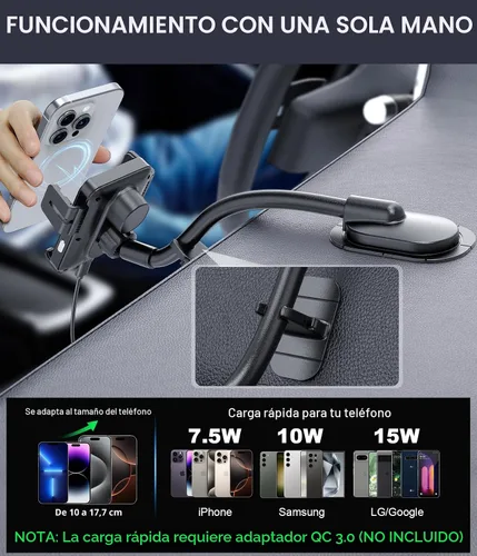 Vista 5 de MOKPR Cargador de coche inalámbrico, con cuello de cisne ajustable, cargador de automóvil de sujeción automática, tablero de instrumentos
