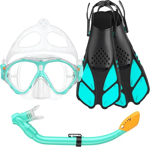 Vista 15 de Seovediary Juego de esnórquel para niños, máscara, aletas, equipo de esnórquel para niños, gafas de natación antiniebla con vista panorámica de 180