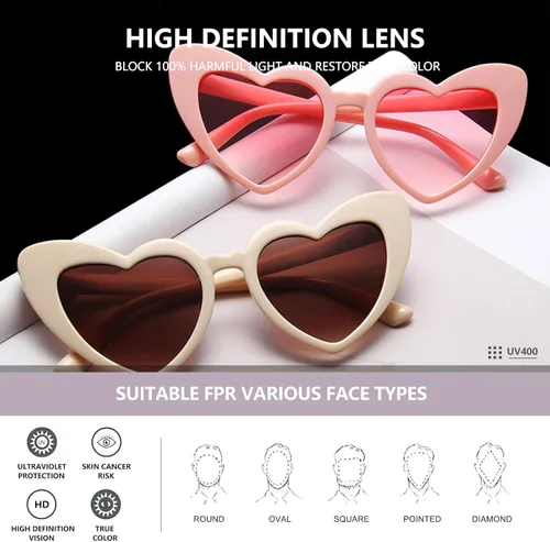Vista 3 de WMAO Love - Gafas de sol en forma de corazón para mujer, estilo clásico de ojo de gato, estilo retro