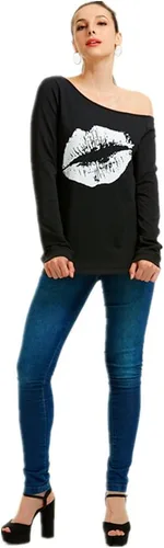 Vista 2 de MAGICMK - Sudaderas con hombro descubierto para mujer, manga larga, estampado de labios, casuales
