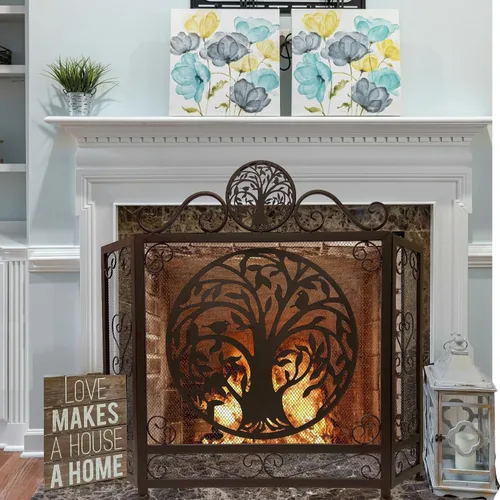 Vista 6 de BestGiftEver Pantalla decorativa para chimenea de 3 paneles con acento de árbol de la vida, estilo rústico marrón, cubierta de chimenea de malla