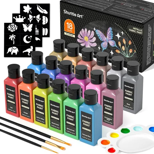 Vista 8 de Shuttle Art Pintura para tela, 18 colores de pintura para tela suave permanente en botellas (60ml/2oz) con pinceles, paleta, plantillas, pintura