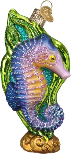 Vista 9 de Old World Christmas Adornos: Adornos de cristal soplado de animales marinos y acuáticos para árbol de Navidad, delfín juguetón