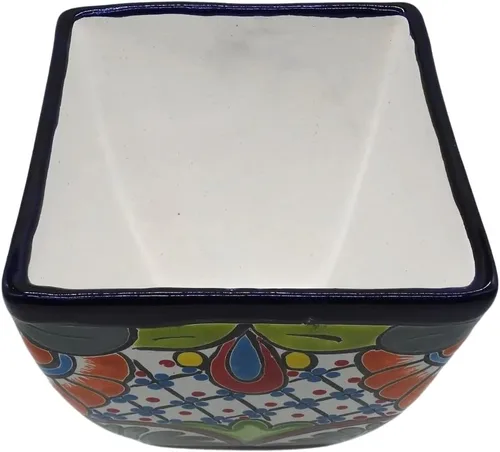 Vista 3 de Maceta cuadrada grande pintada a mano para interiores y exteriores, figura multicolor (Talavera)