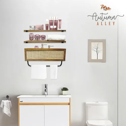 Vista 8 de Autumn Alley Estantes flotantes orgánicos modernos para baño, estantes sobre el inodoro con cesta de ratán, organizador de bastones, almacenamiento