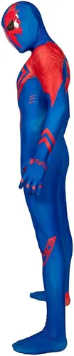 Vista 2 de Disfraz de superhéroe de Halloween nuevo en el versículo de araña, Miles Morales Zentai, disfraces de cosplay para adultos (adultos, XL, azul)