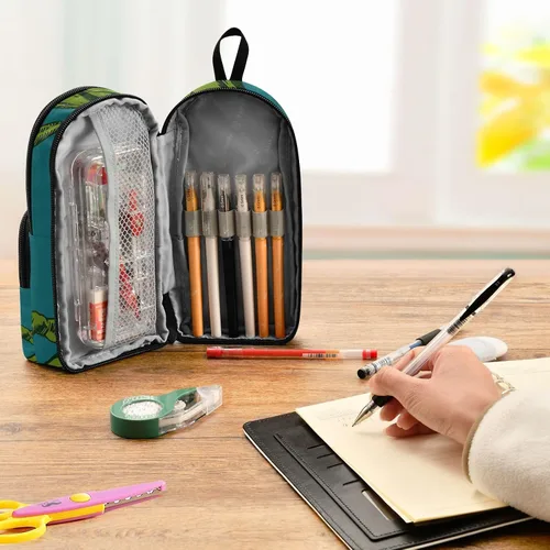 Vista 7 de Estuche para lápices de surf de dinosaurio verde de gran capacidad, con compartimento, organizador de papelería con forma de mochila escolar para G10