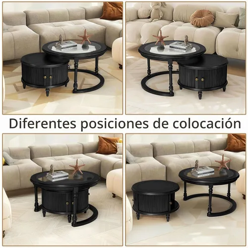 Vista 9 de LKTART Mesa auxiliar anidable para sala de estar, mesas de centro redondas de madera maciza de vidrio templado con almacenamiento, mesa central
