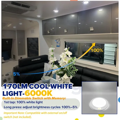 Vista 6 de Luces interiores regulables de 12 V LED de techo con interruptor de 3 pulgadas, montaje en superficie redonda, 12 voltios, luz de ducha para Blanco
