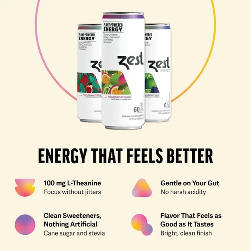 Vista 6 de Zest Paquete variado de bebidas energéticas limpias – 3 sabores – 120-150 mg de cafeína + 100 mg de L-teanina para concentración, energía