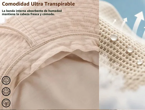 Vista 4 de Connectyle Sombrero de sol de algodón para mujer, sombrero de pescador de ala ancha, plegable, sombrero de jardinería, transpirable, para verano
