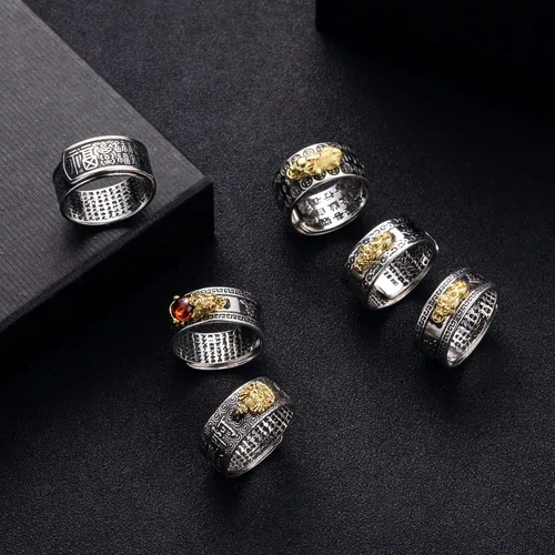 Vista 7 de EIELO Anillos budistas Pixiu de Feng Shui MANI Lucky Wealth Amuleto Mantra Doble Protección Riqueza Anillo para Hombres Mujeres Ajustable Granate