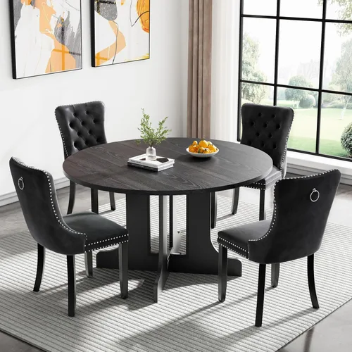 Vista 28 de Juego de mesa de comedor extensible marrón de 63 a 78.74 pulgadas para 4, juego de mesa de comedor de 5 piezas con 4 sillas, mesa de cocina