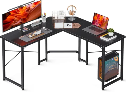 Vista 10 de AODK Escritorio para juegos en forma de L, escritorio de esquina para computadora, mesa de escritorio para juegos de PC con soporte elevador