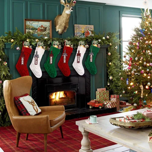 Vista 7 de XIMISHOP Paquete de 6 calcetines de Navidad, 18 pulgadas, calcetines grandes de punto trenzado personalizados para colgar en Navidad, decoraciones