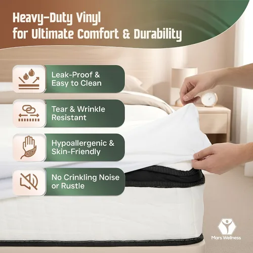 Vista 6 de Mars Wellness Protector y funda de colchón de vinilo impermeable, sábana bajera de color blanco, 1 paquete de 1 Funda de colchón de plástico, 1