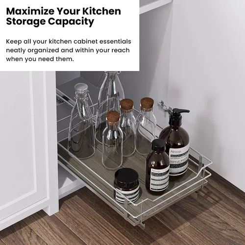 Vista 5 de Home Zone Living Organizador de gabinete de cocina extraíble con cajón deslizante para almacenamiento que ahorra espacio, 14"A x 21"L, acabado
