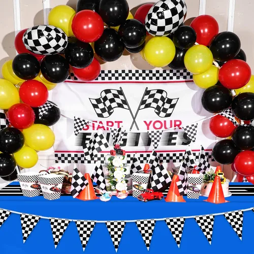 Vista 7 de Irenare 6 hojas de suministros para fiesta de cumpleaños de automóvil, decoraciones de fiesta de carreras, mantel de carretera, camino de mesa
