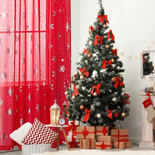 Vista 2 de Cortinas traslúcidas de Navidad para sala de estar, cortinas transparentes con estampado de copos de nieve de lujo, cortinas con bolsillo
