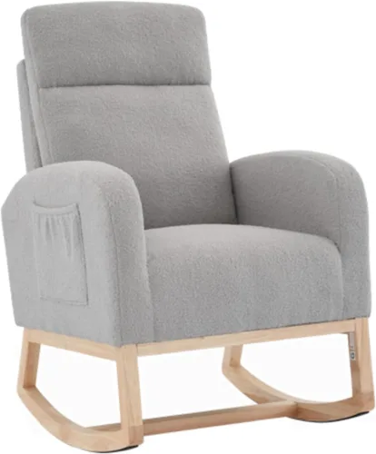 Vista 9 de Mecedora para guardería, mecedora tapizada con respaldo alto y bolsillo lateral, cómoda silla de lactancia para lactancia materna, sillón acolchado