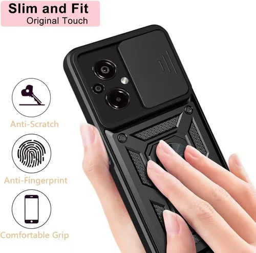 Vista 3 de Ysnzaq Funda resistente a prueba de golpes de grado militar para Xiaomi Poco M5 6.58 ", protección de lente de ventana deslizante con soporte