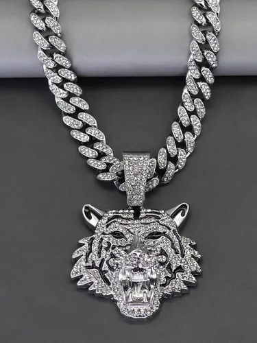 Vista 2 de hdyv5aa Cadena de eslabones cubanos de plata para hombre con colgante, collar de tigre de eslabones cubanos de Miami Ice Out de Miami, joyería