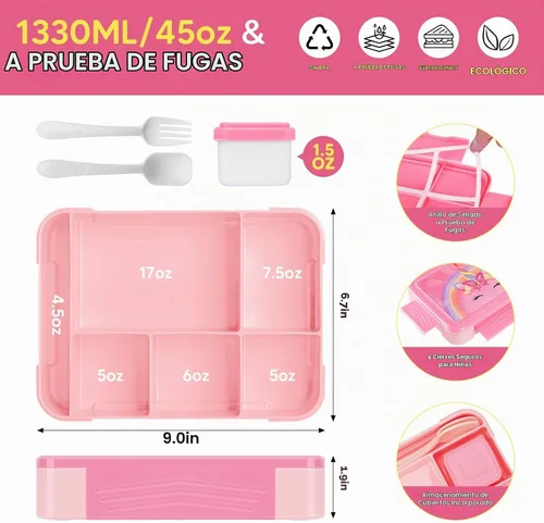 Vista 4 de JYPS - Caja de almuerzo estilo bento con diseño de unicornio para niños con bolsa de almuerzo aislada, juego de lonchera con botella de agua